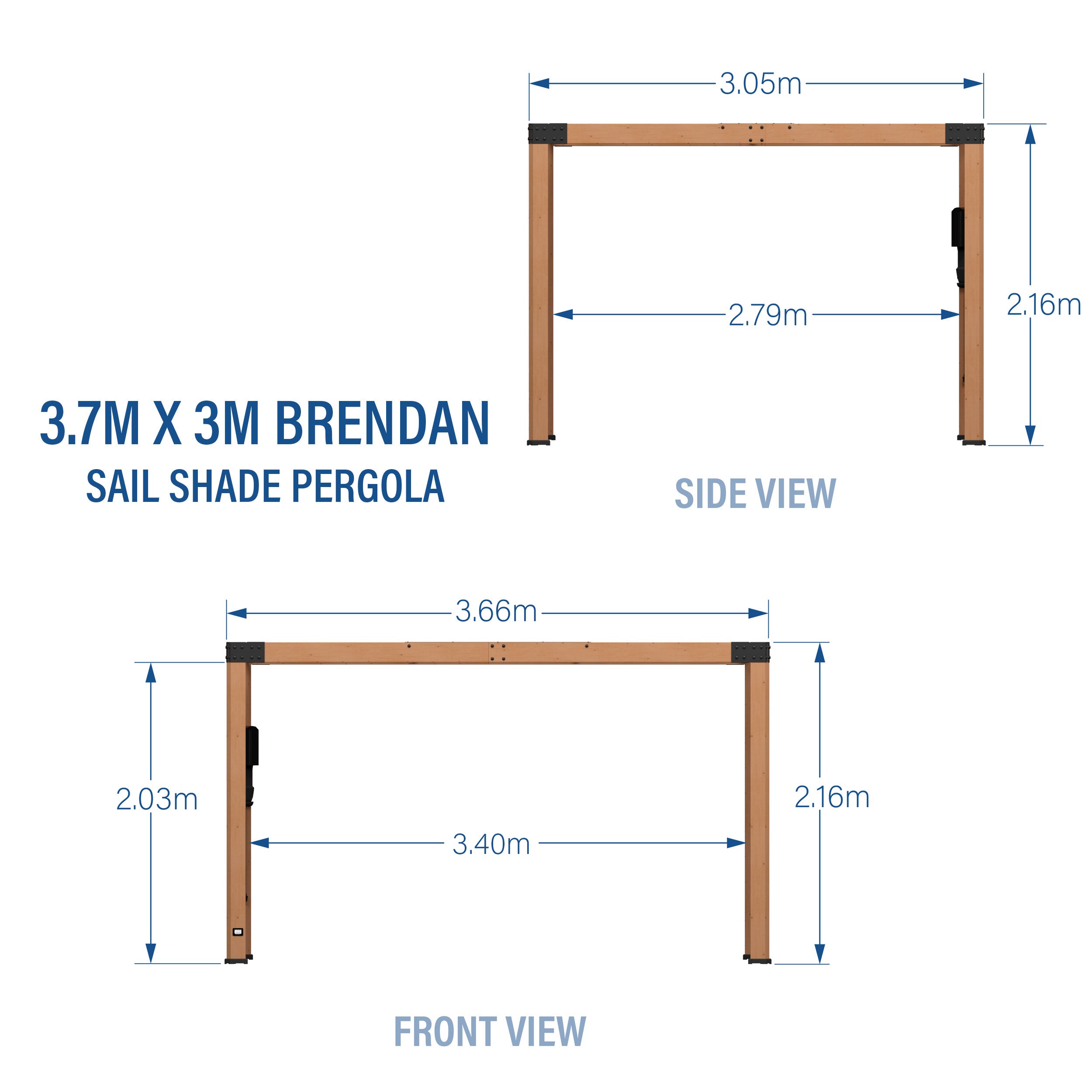 3.7m x 3m Brendan Sail Shade Pergola Metric Dimensions