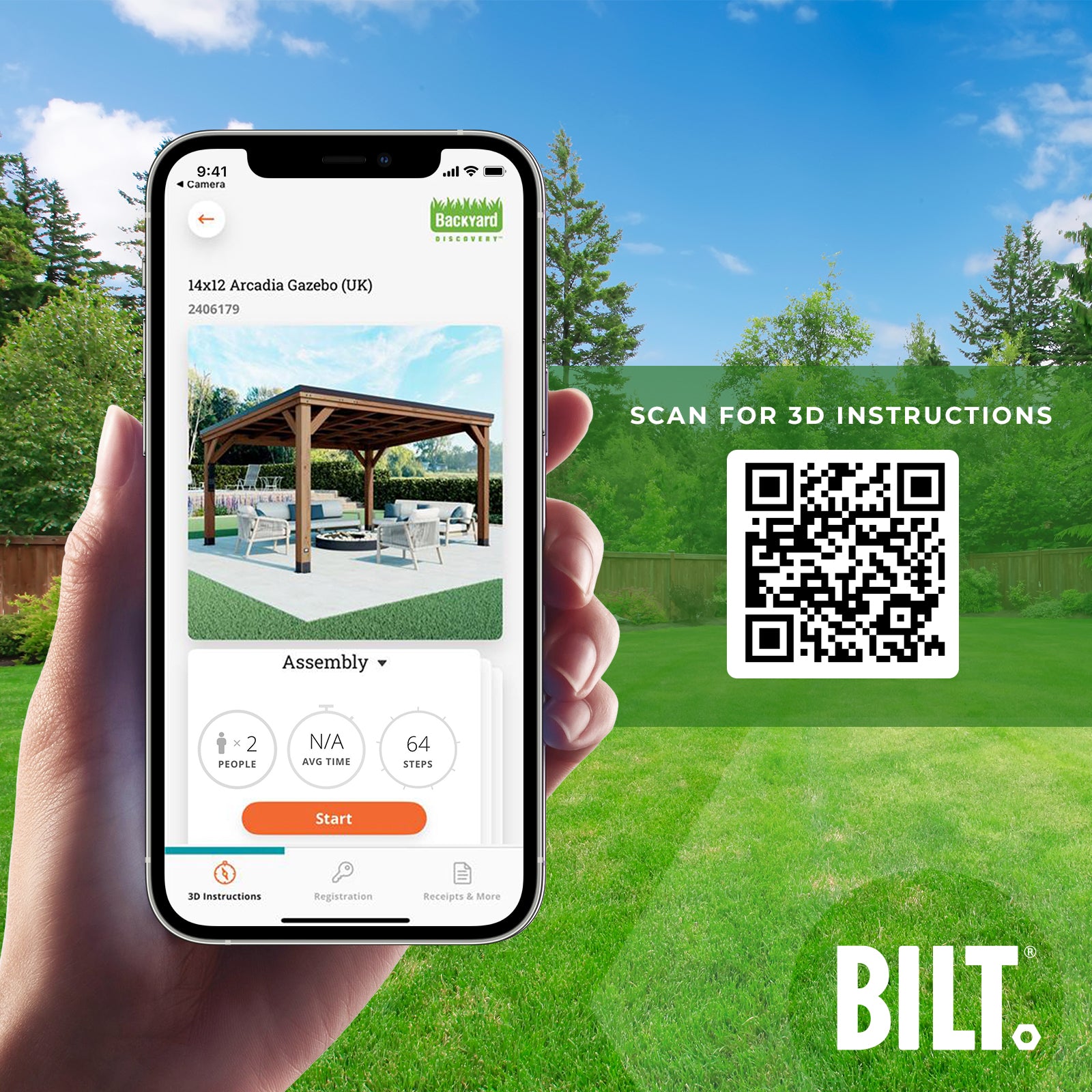 4.3m X 3.7m Arcadia BILT App to assist with assembly