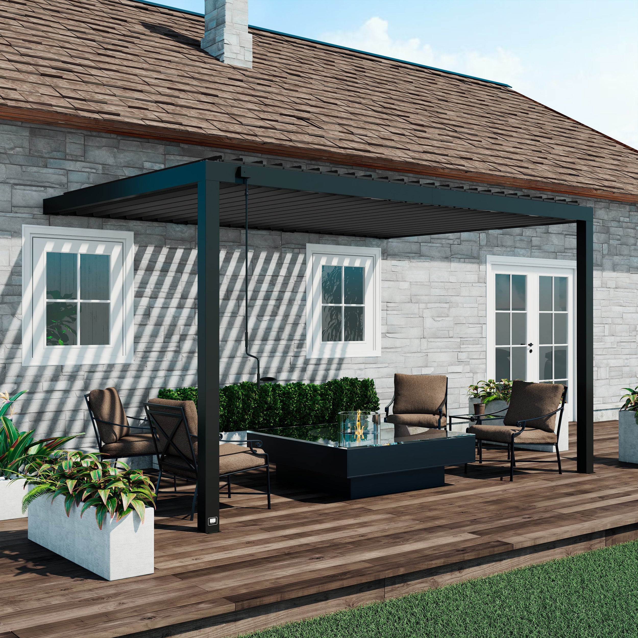 4.3m x 3.1m (14ft x 10ft) Evanston Wall Mounted Louvered Pergola