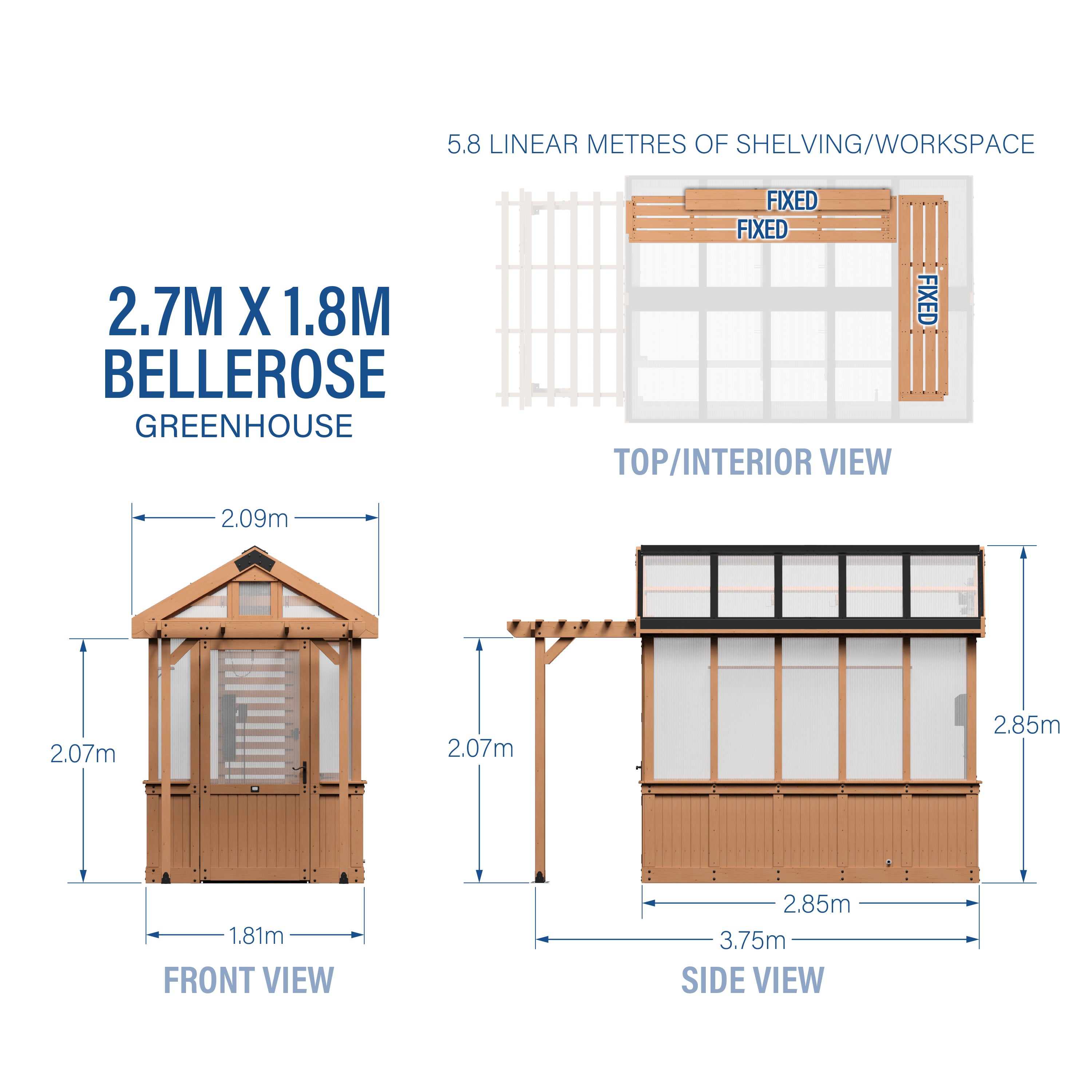 2.7m x 1.8m Bellerose Greenhouse Metric Dimensions