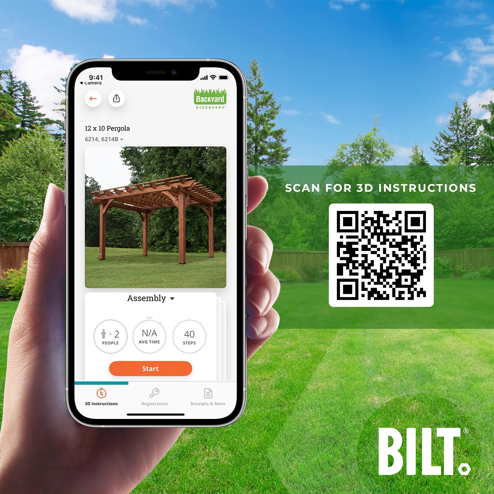 BILT app screen displaying 12 x 10 wood pergola kit assembly instructions with 3D guidance