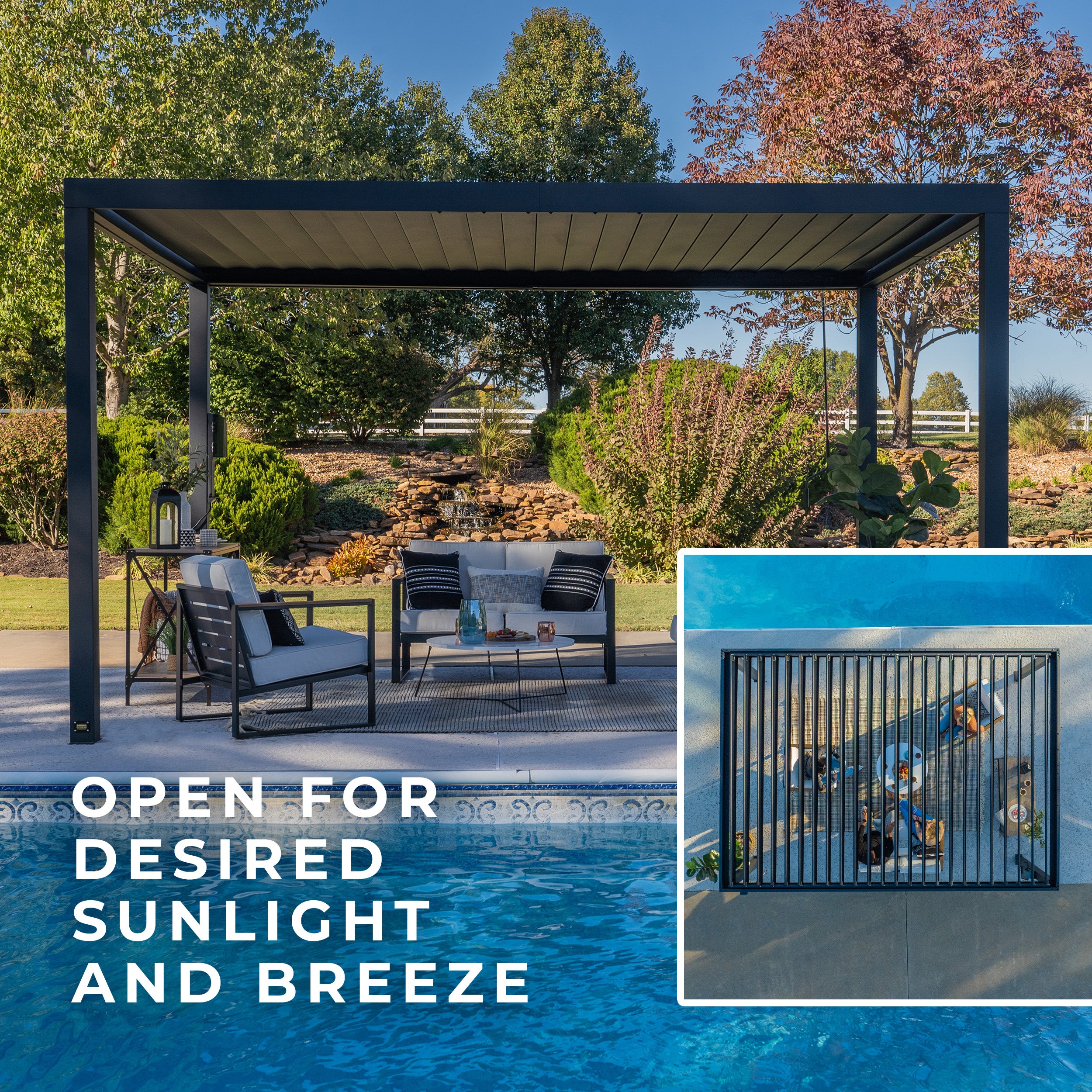 4.3m X 3m Sarasota Steel Louvered Pergola opens to let sunlight in