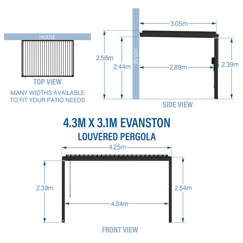 4.3m X 3.1m Evanston Wall Mounted Louvered Pergola specifications
