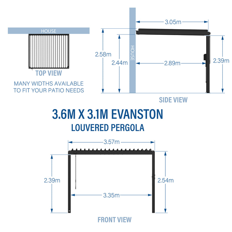 3.6m X 3.1m Evanston Wall Mounted Louvered Pergola specifications