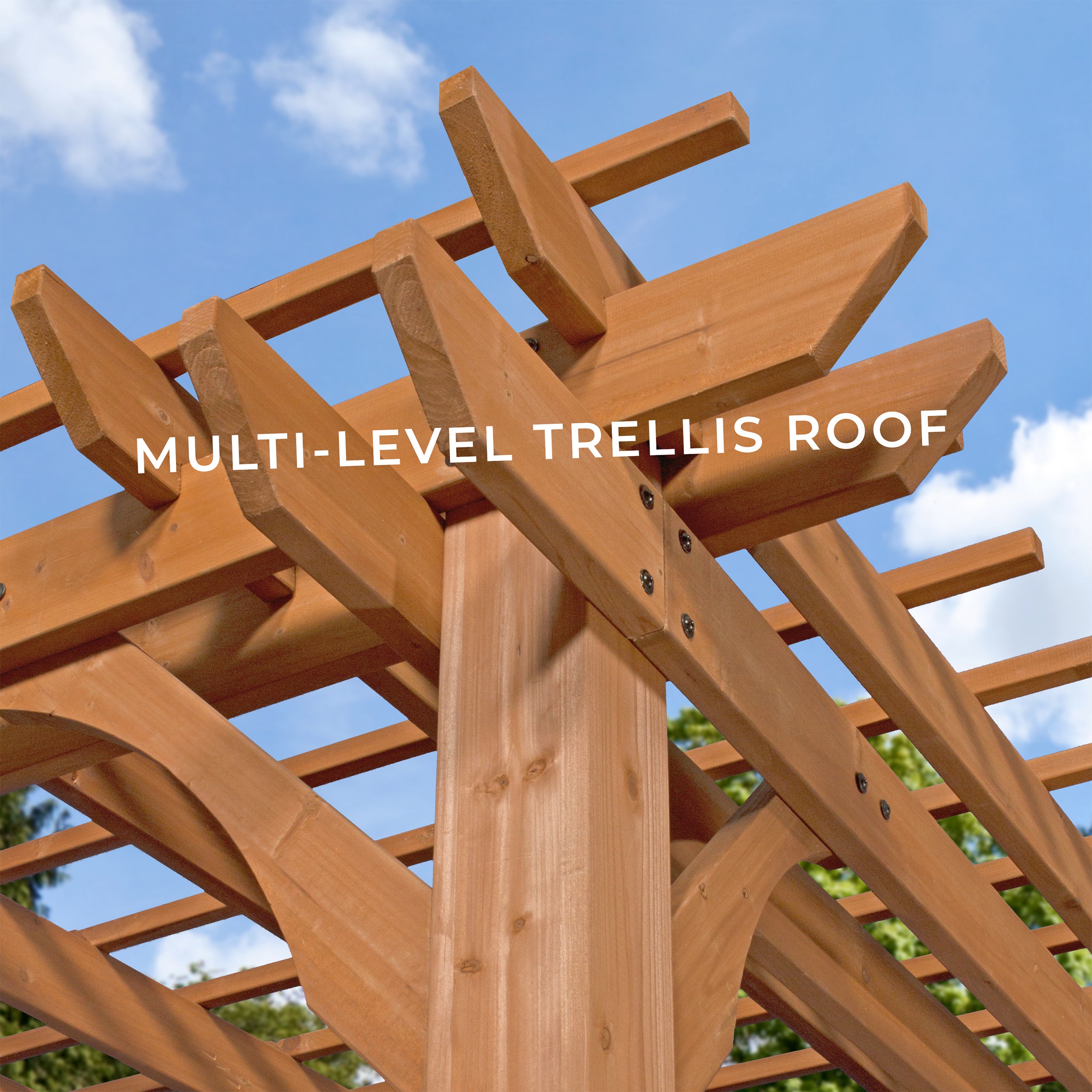 Tiered wood trellis roof on Beaumont pergola with crossing rafters and metal brackets