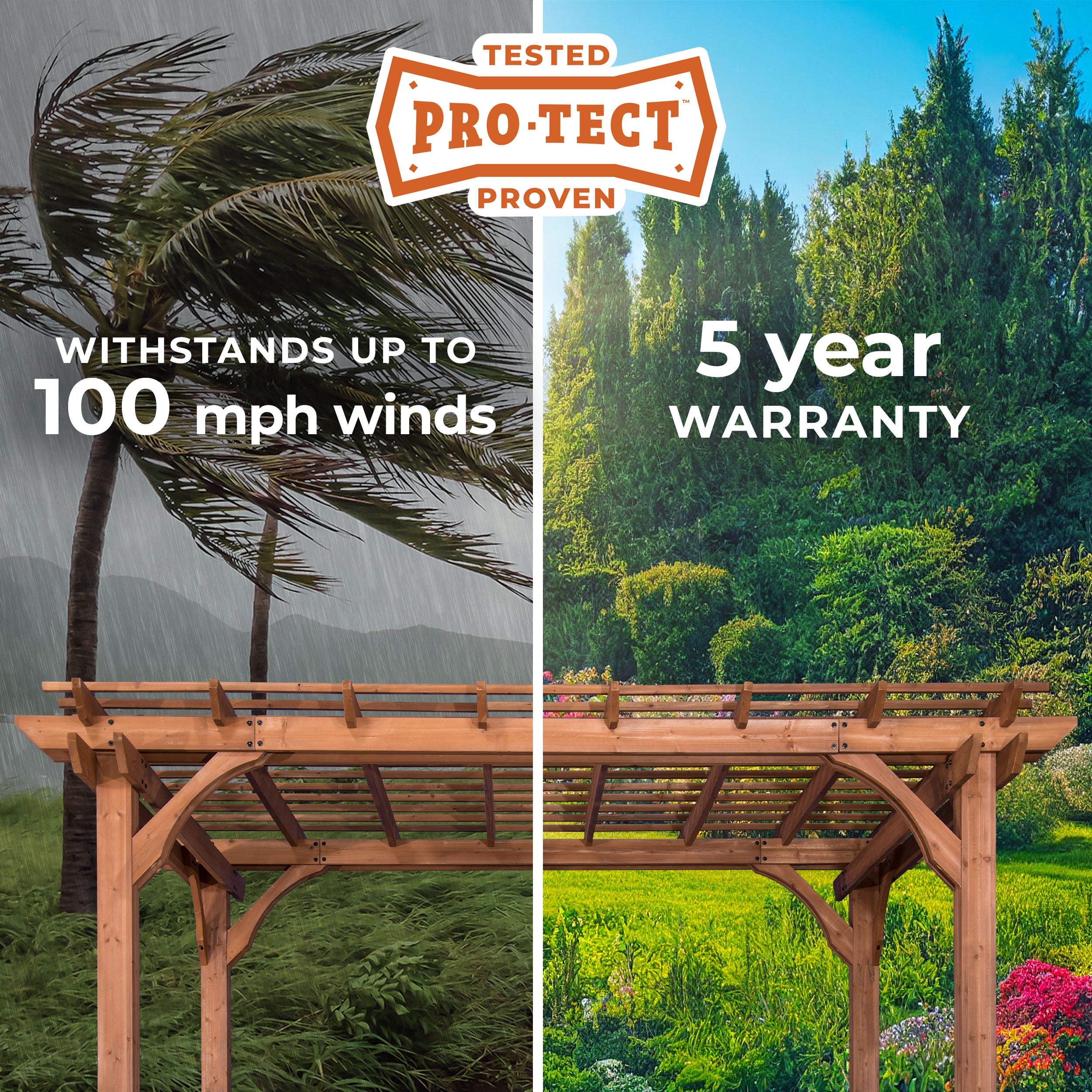 Tested and proven patio pergola withstands 100 mph winds, includes 5-year warranty, shown in storm and sunny conditions