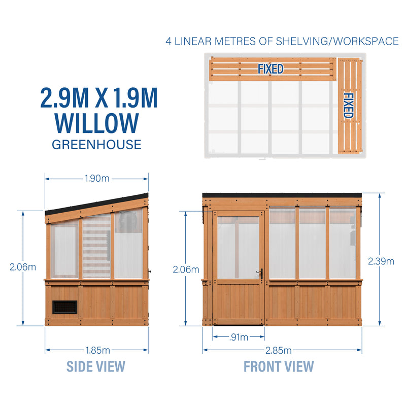 2.9m x 1.9m (9ft x 6ft) Willow Greenhouse specifications