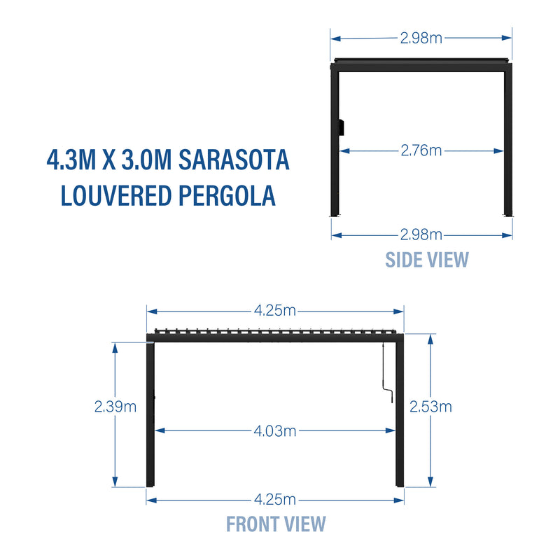 4.3m x 3.0m (14ft x 10ft) Sarasota Steel Louvered Pergola specifications